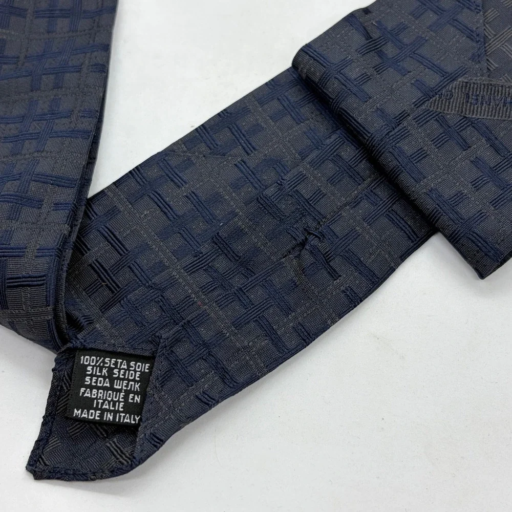 Vintage Chanel Paris Silk Tie Navy Blue Woven Basketweave Pattern Made in Italy